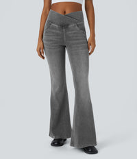 Halara Flex™ High Waisted Crossover Pocket Washed Casual Flare Jeans - Black Iron Gray Denim