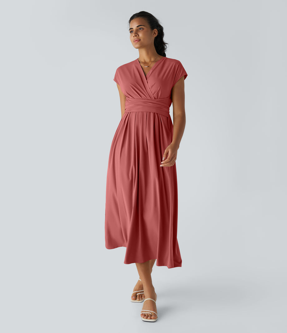 Breezeful™ V Neck Short Sleeve Pocket Tie Back Quick Dry Midi Casual Dress-Longer Length - Kapok Red