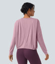 Round Neck Long Sleeve Ruched Yoga Sports Top-UPF50+ - Pink Nectar
