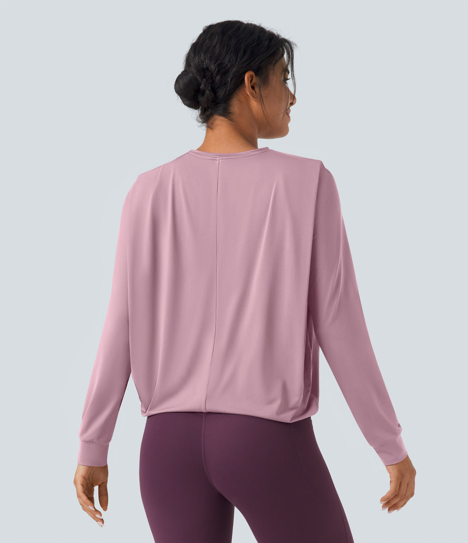 Round Neck Long Sleeve Ruched Yoga Sports Top-UPF50+ - Pink Nectar