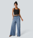 Halara Flex™ High Waisted Pockets Washed Casual Wide Leg Jeans - Azure Blue Denim