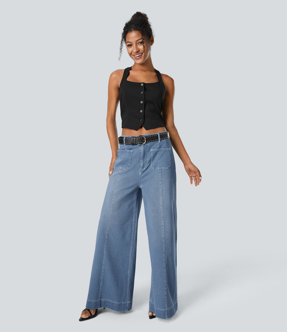 Halara Flex™ High Waisted Pockets Washed Casual Wide Leg Jeans - Azure Blue Denim