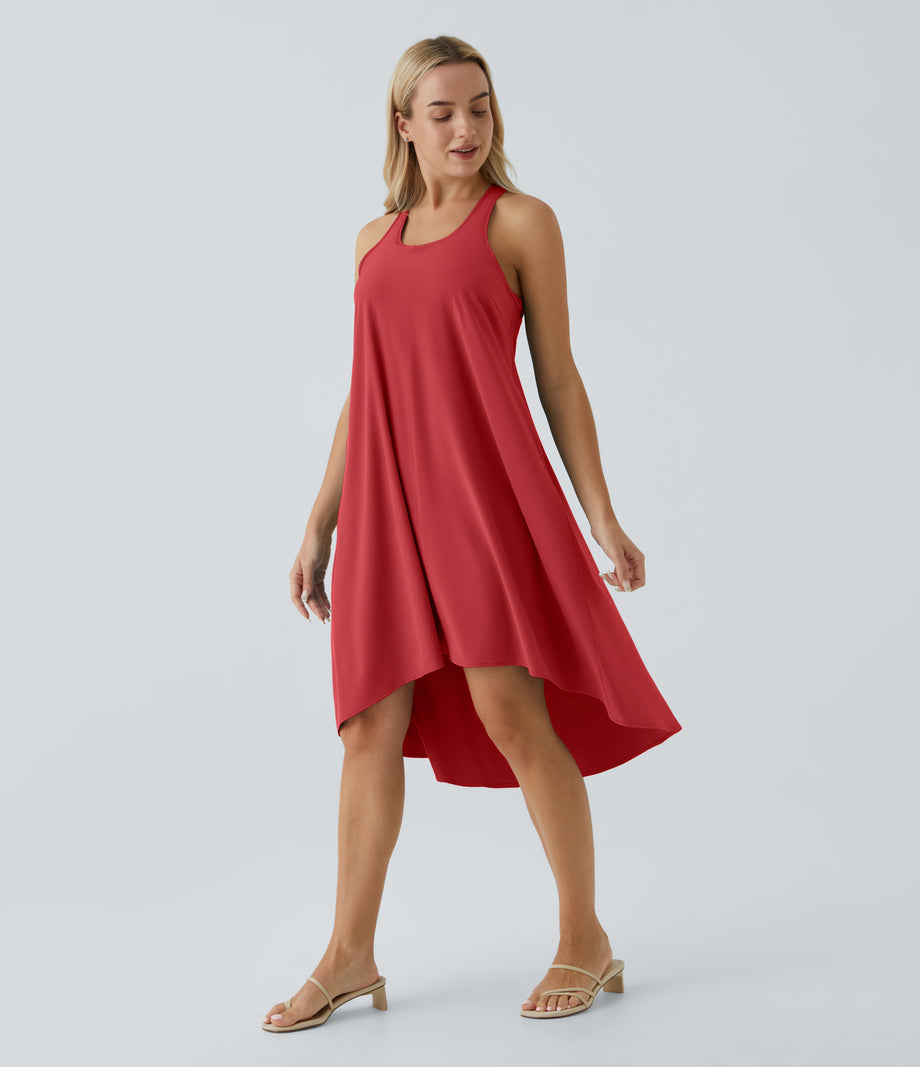 Breezeful™ Backless Racerback Side Pocket High Low Flowy Midi Quick Dry Casual Dress - Pompeian Red