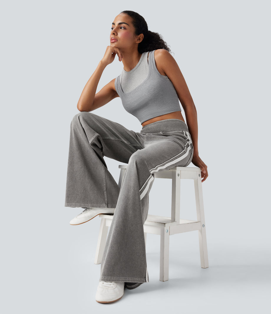 Halara Flex™ High Waisted Stripe Wide Leg Flowy Washed Casual Jeans with Pockets - Cool Gray Denim