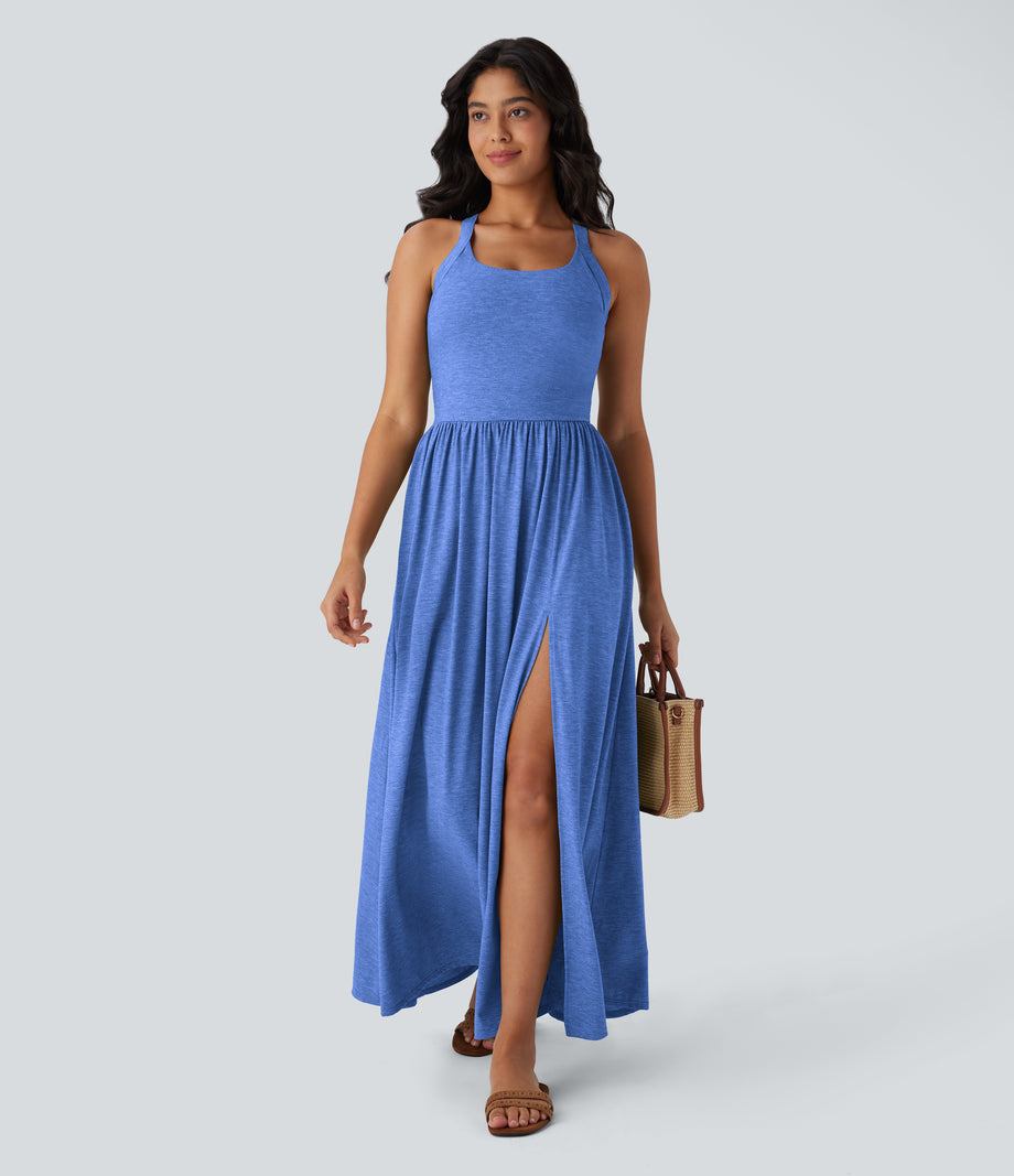 Twisted Backless Split Flowy Maxi Resort Dress with Pockets - Sky Blue Floral Yarn