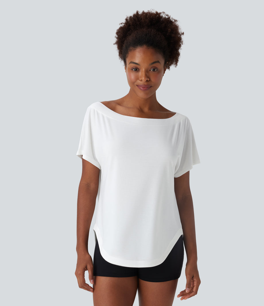 One Shoulder Short Sleeve Curved Hem High Low Quick Dry Yoga Sports Top - White