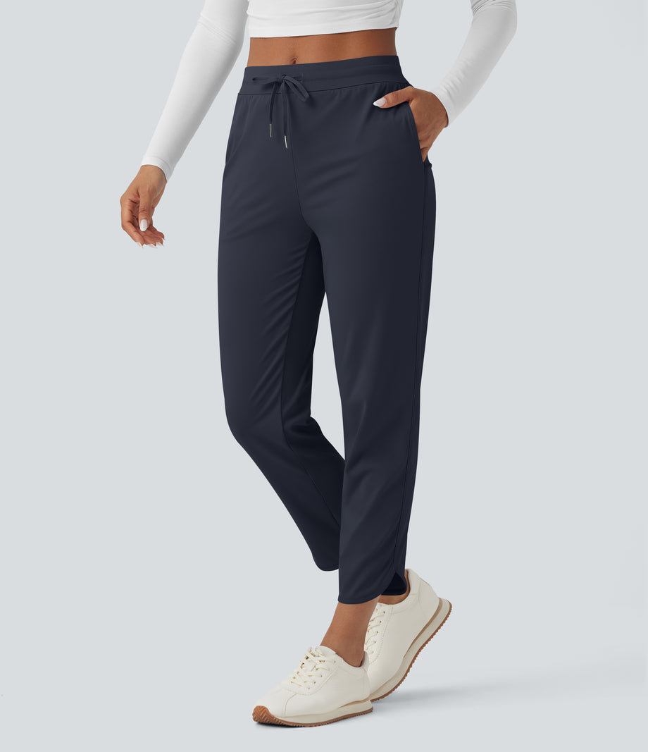 Mid Rise Drawstring Curved Hem Quick Dry Golf Tapered Pants with Pockets-UPF40+ - Dark Blue