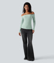 Ribbed Knit Off Shoulder Long Sleeve 2-in-1 Casual Top - Crow Green