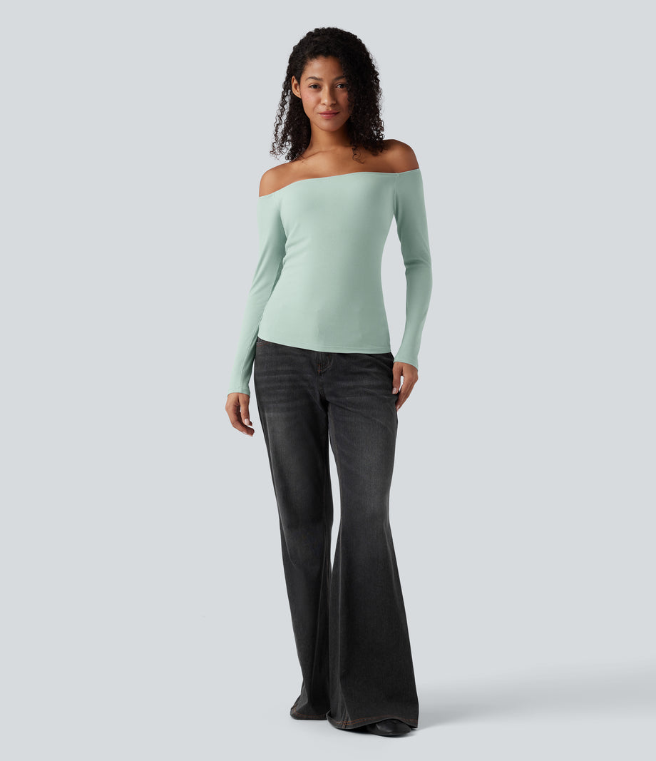 Ribbed Knit Off Shoulder Long Sleeve 2-in-1 Casual Top - Crow Green