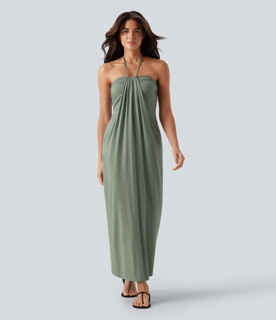 Halter Tie Back Maxi Dress with Pockets - Asparagus
