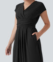 Breezeful™ V Neck Short Sleeve Pocket Tie Back Quick Dry Midi Casual Dress - Black