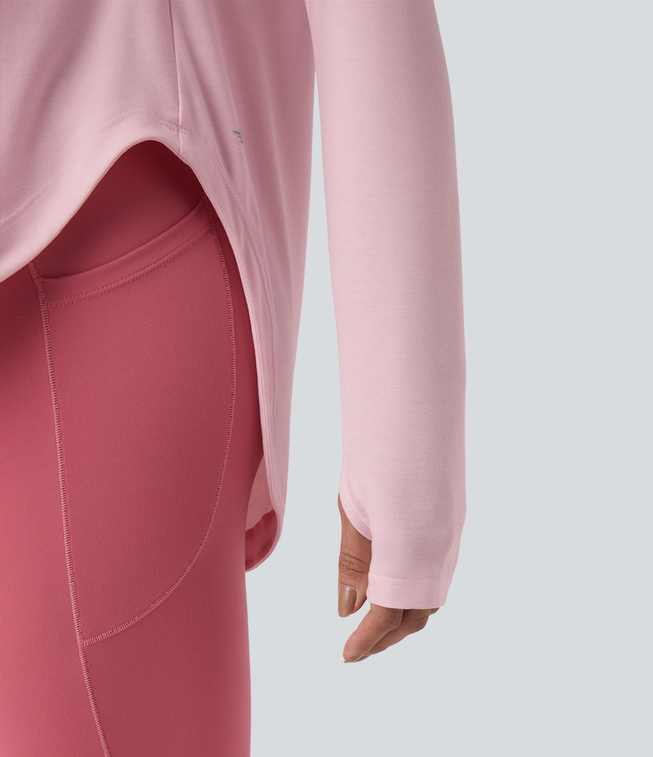 One Shoulder Long Sleeve Thumb Hole Curved Hem High Low Quick Dry Yoga Sports Top-Built-in Bra - Pale Lilac