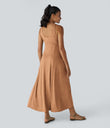 U Neck Flowy Maxi Casual Tank Dress - Pumpkin Orange Floral Yarn