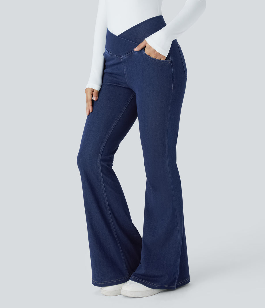 Halara Flex™ High Waisted Crossover Pocket Cool Touch Washed Casual Jeans - Gloomy Blue Denim