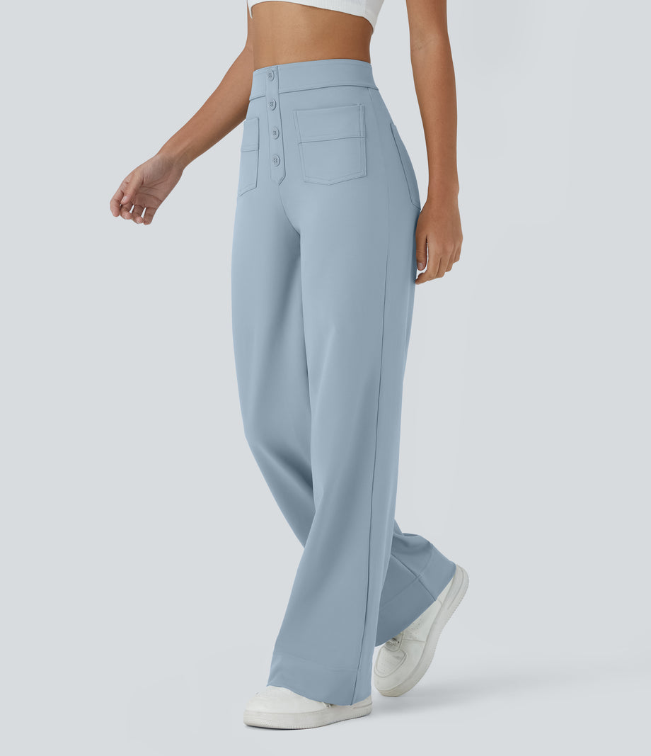 DayStretch High Waisted Pockets Straight Leg Casual Pants - Baby Blue