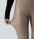 High Waisted Stretchy PU Fleece Casual Leggings with Pockets - Sinopia Fresco