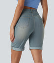 Halara Flex™ High Waisted Pockets Rolled Hem Washed Denim Casual Bermuda Shorts - Blue Surf Denim