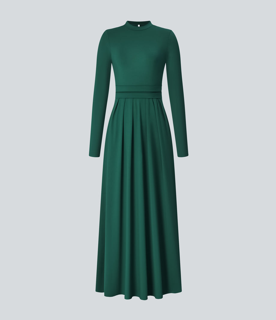 Mock-neck Long Sleeve Pocket Flare Maxi Casual Dress - Rain Forest