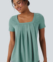 Square Neck Short Sleeve Casual Top - Azure