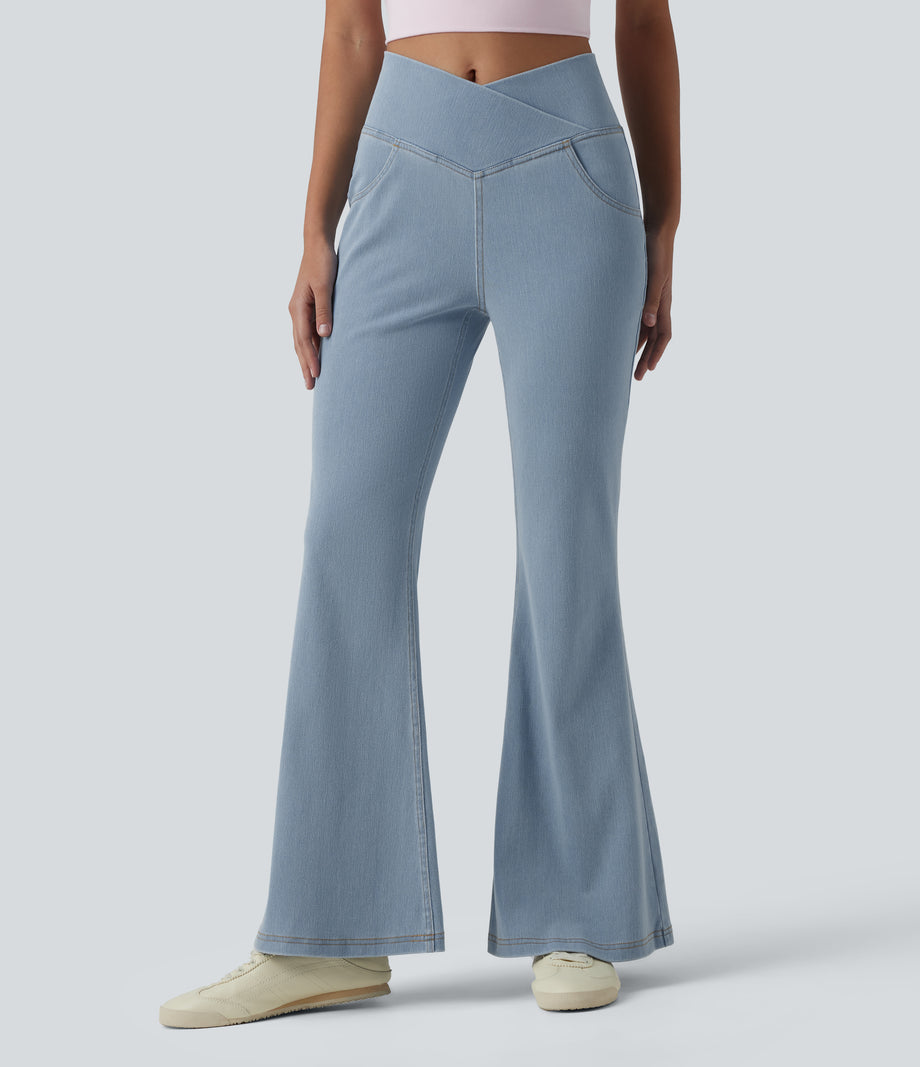 Halara Flex™ High Waisted Crossover Pocket Washed Casual Jeans - Powder Blue Denim