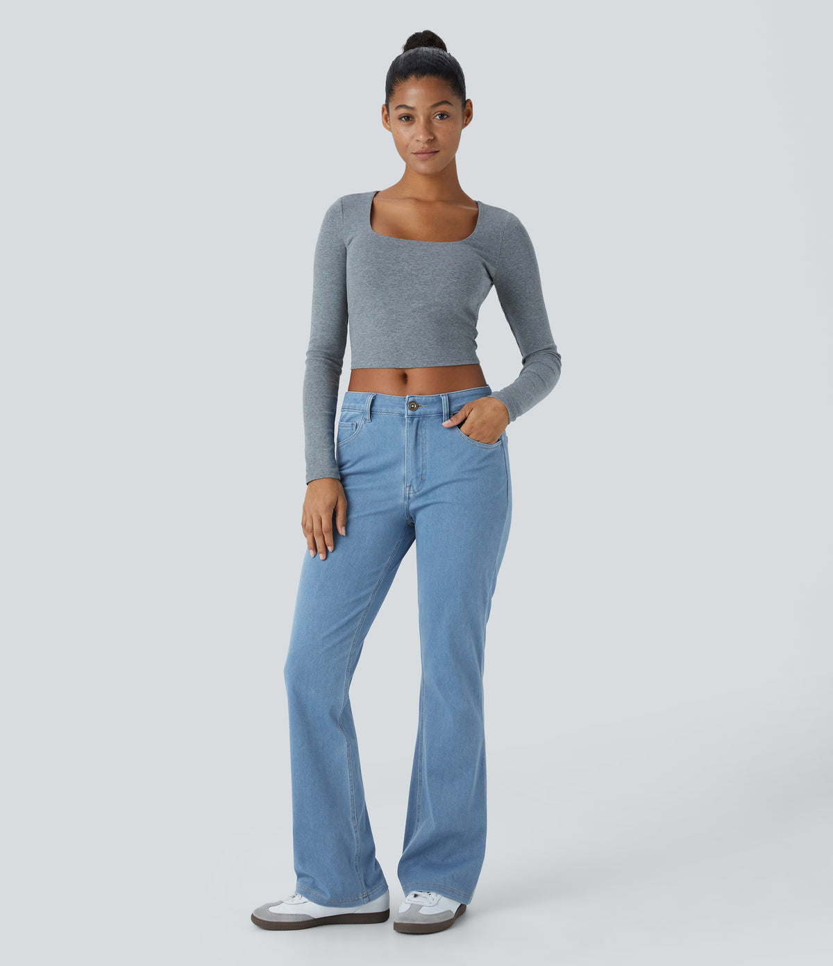Halara Flex™ Mid Rise Pockets Casual Bootcut Jeans - Washed Denim Sunny Blue