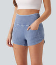 Halara Flex™ High Waisted Tummy Control Curved Hem Skinny Denim Casual Shorts with Pockets - Powder Blue Denim