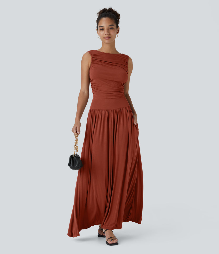 Ribbed Boat Neck Asymmetric Strap Ruched Pocket Flowy Maxi Casual Dress - Picante