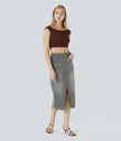 Halara Flex™ High Waisted Pockets Bodycon Washed Denim Casual Midi Skirt - Black Iron Gray Denim
