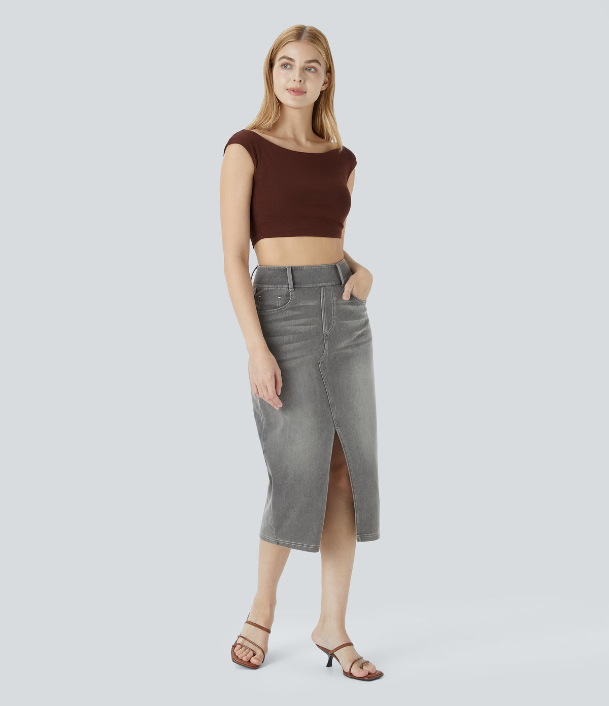 Halara Flex™ High Waisted Pockets Bodycon Washed Denim Casual Midi Skirt - Black Iron Gray Denim