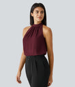 Keyhole Back Halter Sleeveless Curved Hem Work Blouse - Sangria