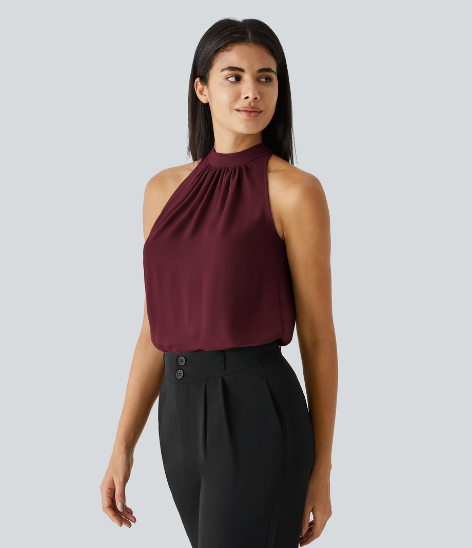 Keyhole Back Halter Sleeveless Curved Hem Work Blouse - Sangria