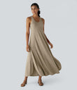 U Neck Flowy Maxi Casual Tank Dress - Khaki Floral Yarn
