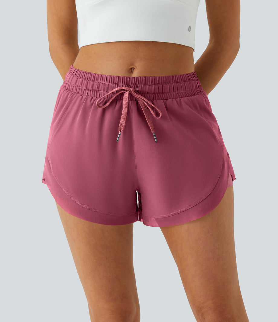 Mid Rise Drawstring Contrast Mesh 2-in-1 Flowy Running Shorts 3'' - Rose Wine