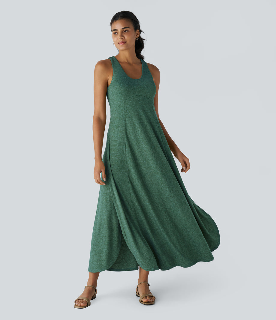 U Neck Flowy Maxi Casual Tank Dress - Dark Green Floral Yarn
