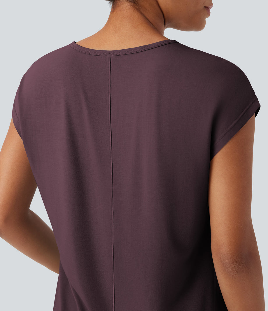 V Neck Short Sleeve Casual T-Shirt - Maroon Banner