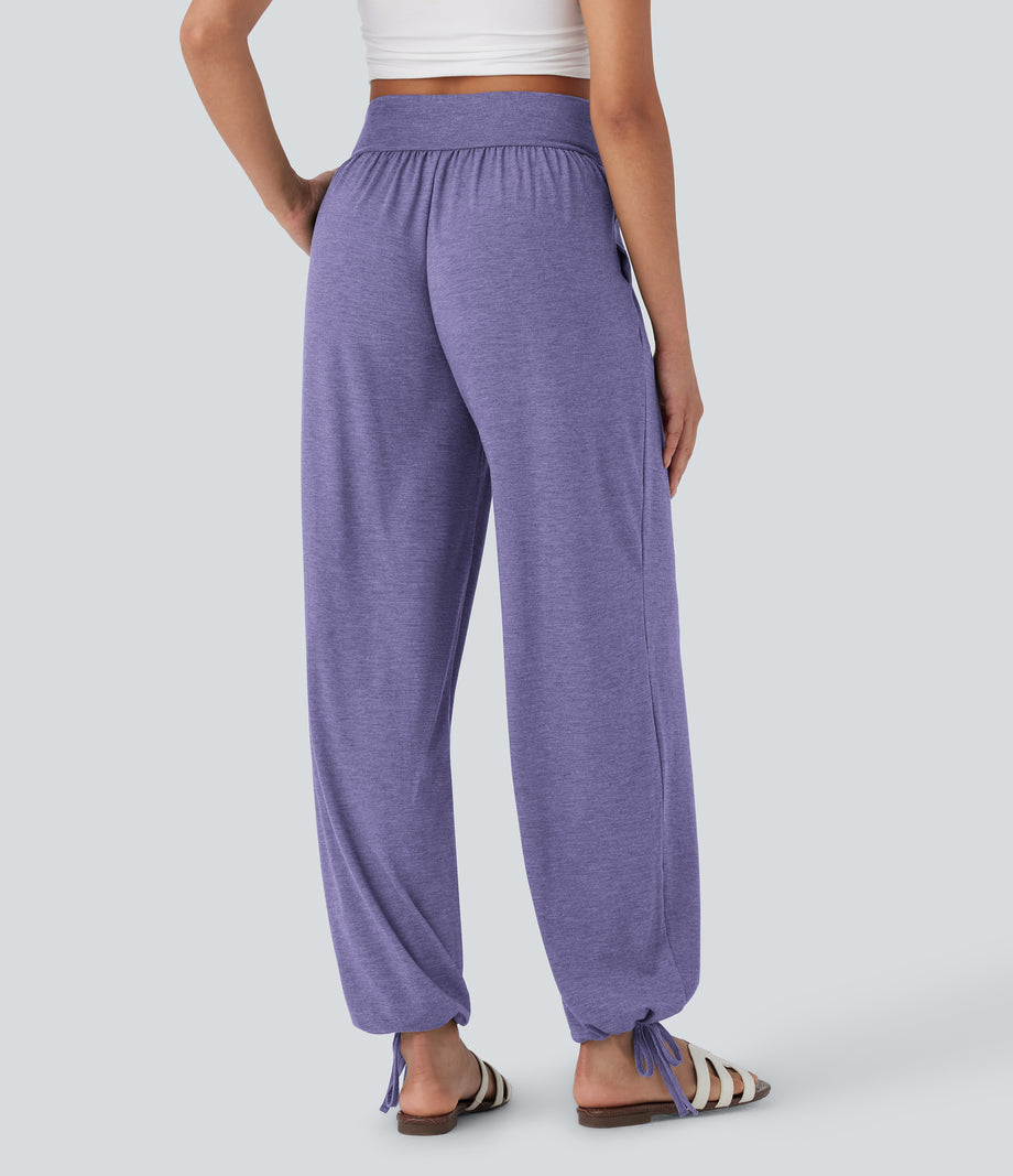 Crossover High Waisted Pocket Drawstring Casual Joggers - Light Purple Floral Yarn