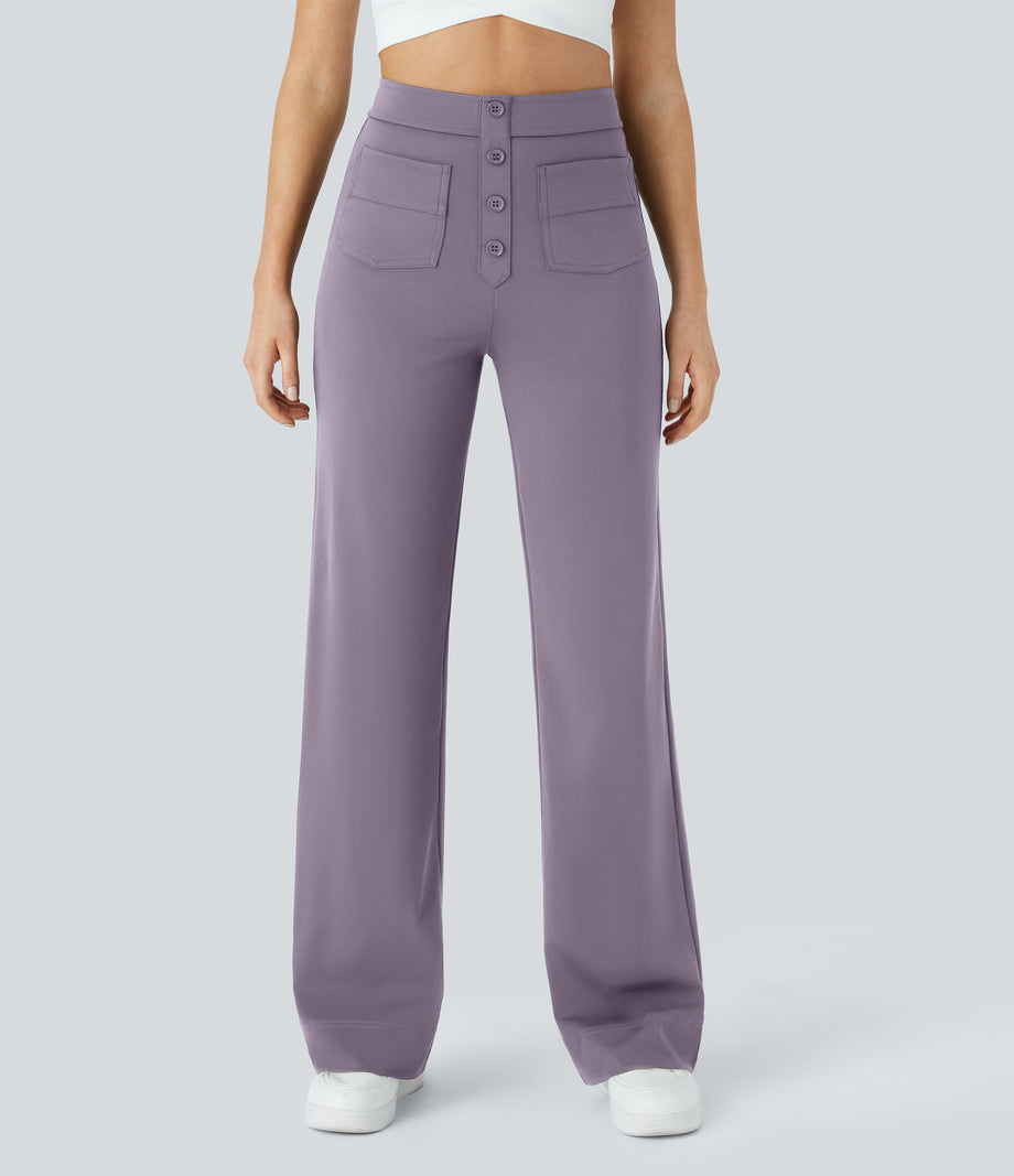 DayStretch High Waisted Pockets Straight Leg Casual Pants - Purple Ash