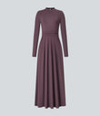 Mock-neck Long Sleeve Pocket Flare Maxi Casual Dress - Plum Wine