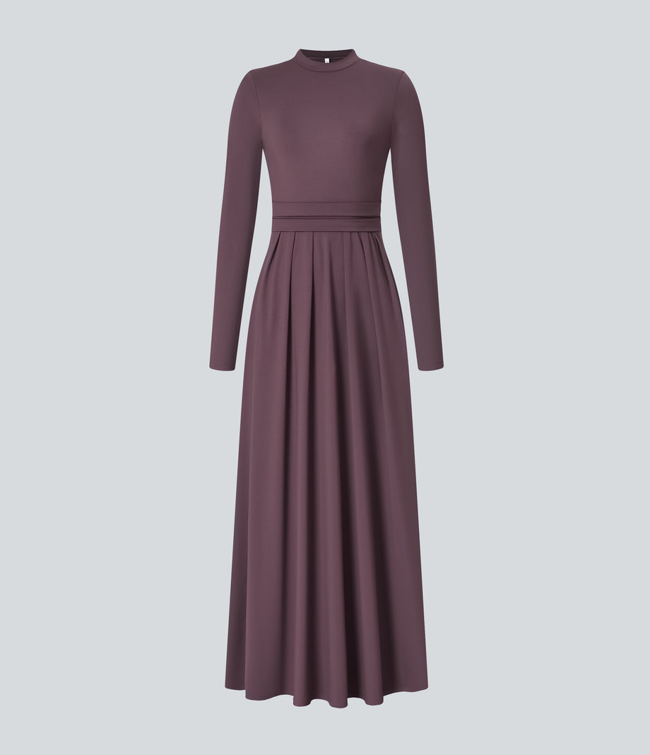 Mock-neck Long Sleeve Pocket Flare Maxi Casual Dress - Plum Wine