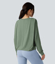 Round Neck Long Sleeve Ruched Yoga Sports Top-UPF50+ - Hedge Green