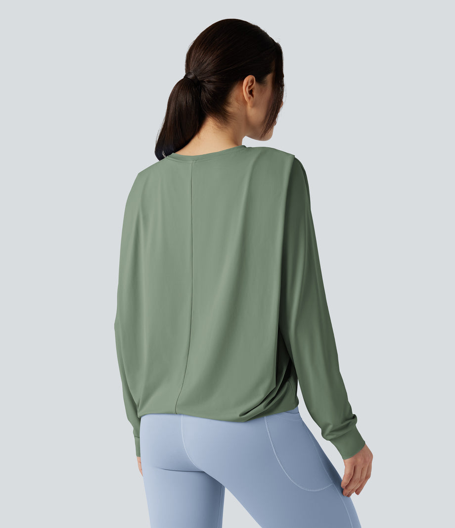 Round Neck Long Sleeve Ruched Yoga Sports Top-UPF50+ - Hedge Green