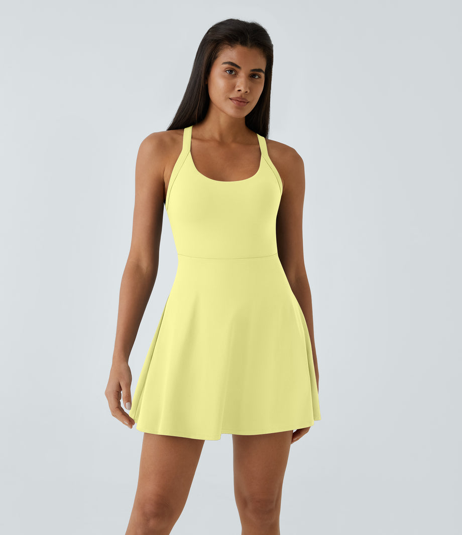 SoftlyZero™ Airy Backless Twisted Flare Low Support Dance Active Dress-Longer Length-Easy Peezy Edition A-D Cups - Yellow Pear