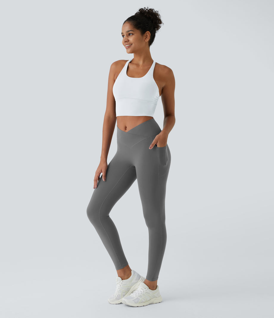 SoftlyZero™ Crossover Pocket Plain Leggings-UPF50+ - Steel Gray