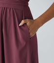 Breezeful™ V Neck Short Sleeve Pocket Tie Back Quick Dry Midi Casual Dress-Longer Length - Amaranth