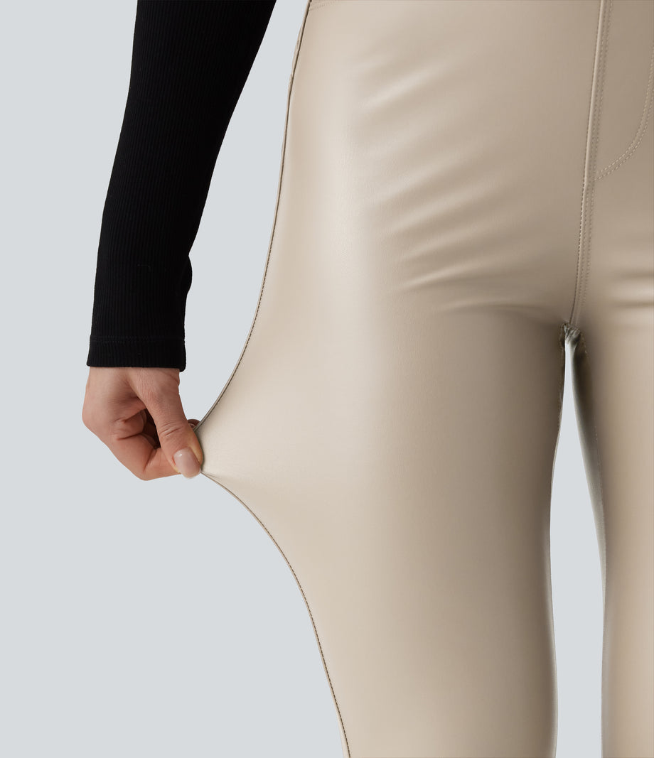 High Waisted Stretchy PU Fleece Casual Leggings with Pockets - French Oak