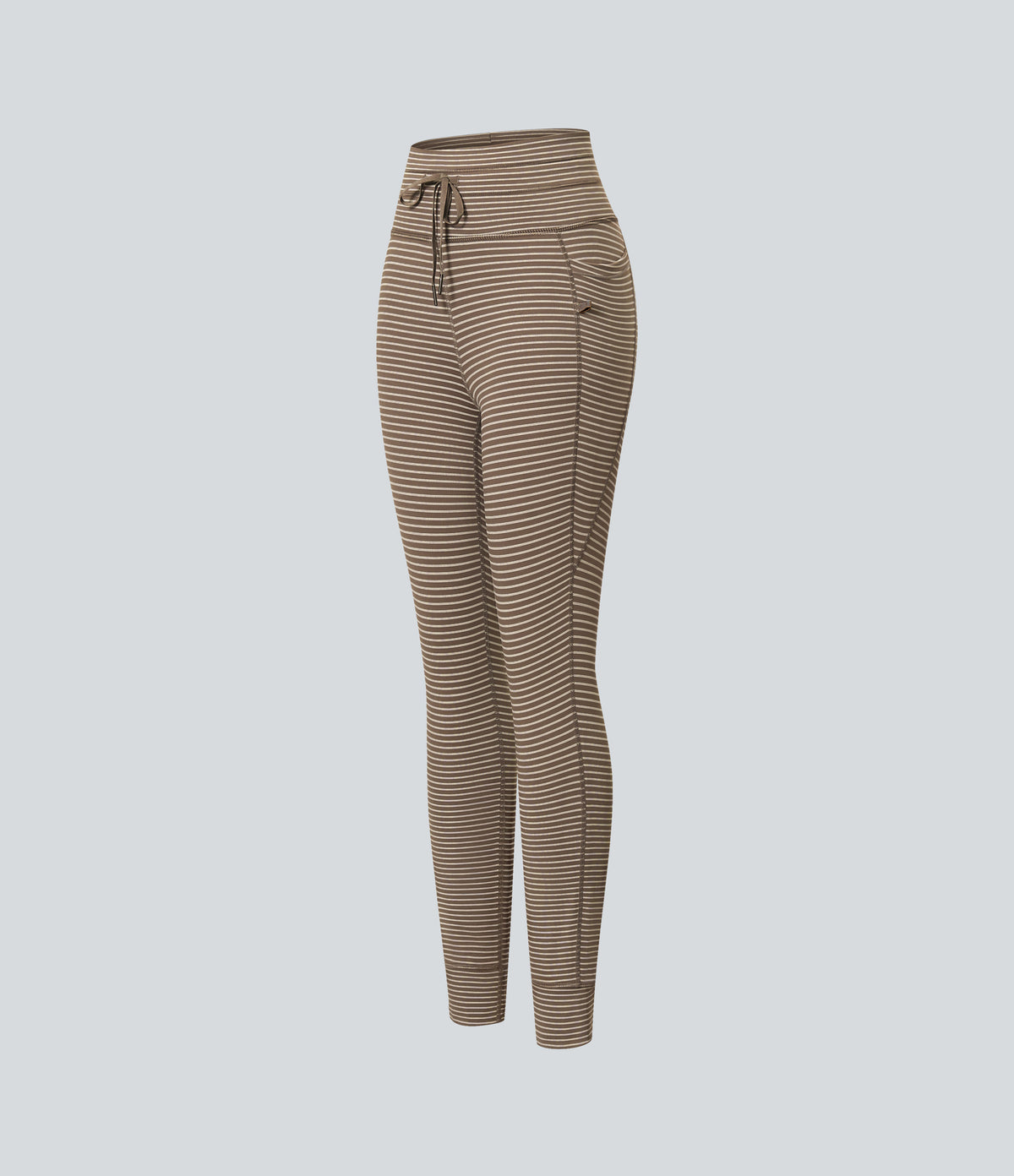 High Waisted Drawstring Striped Yoga Leggings with Pockets - Cedar Brown