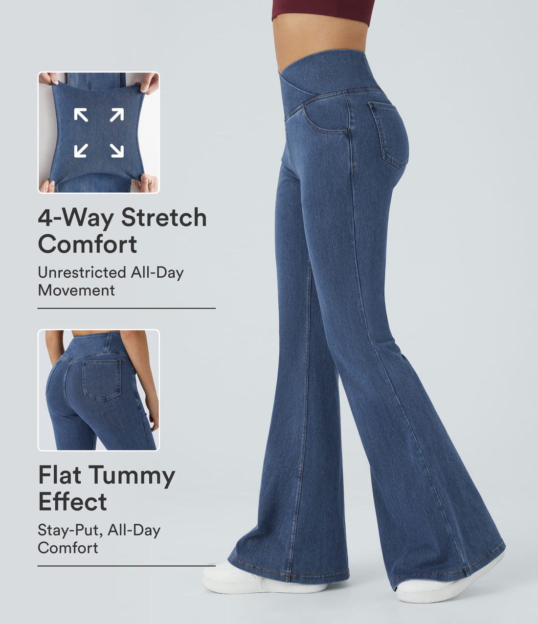 Halara Flex™ High Waisted Crossover Pocket Washed Casual Jeans - Washed Denim Bleached Blue