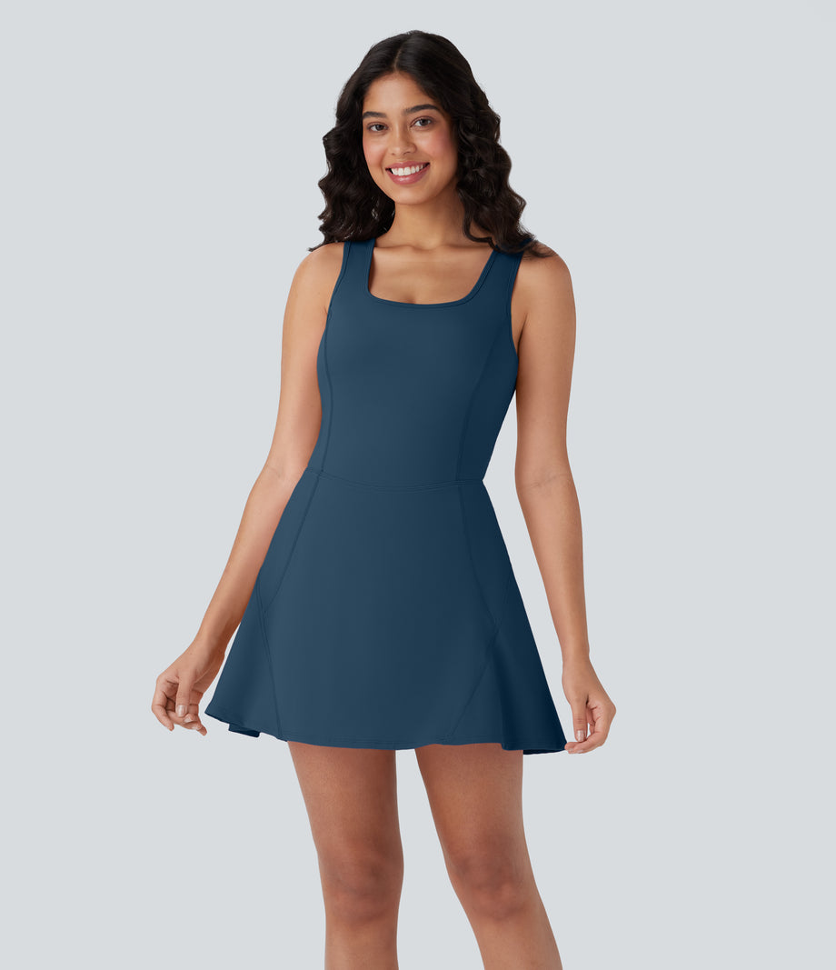 SoftlyZero™ Airy U Neck 2-in-1 Pocket Mini Cool Touch Dance Active Dress - Majolica Blue