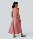 U Neck Flowy Maxi Casual Tank Dress - Brick Red Mix
