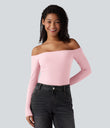 Ribbed Knit Off Shoulder Long Sleeve 2-in-1 Casual Top - Rose Haze Pink